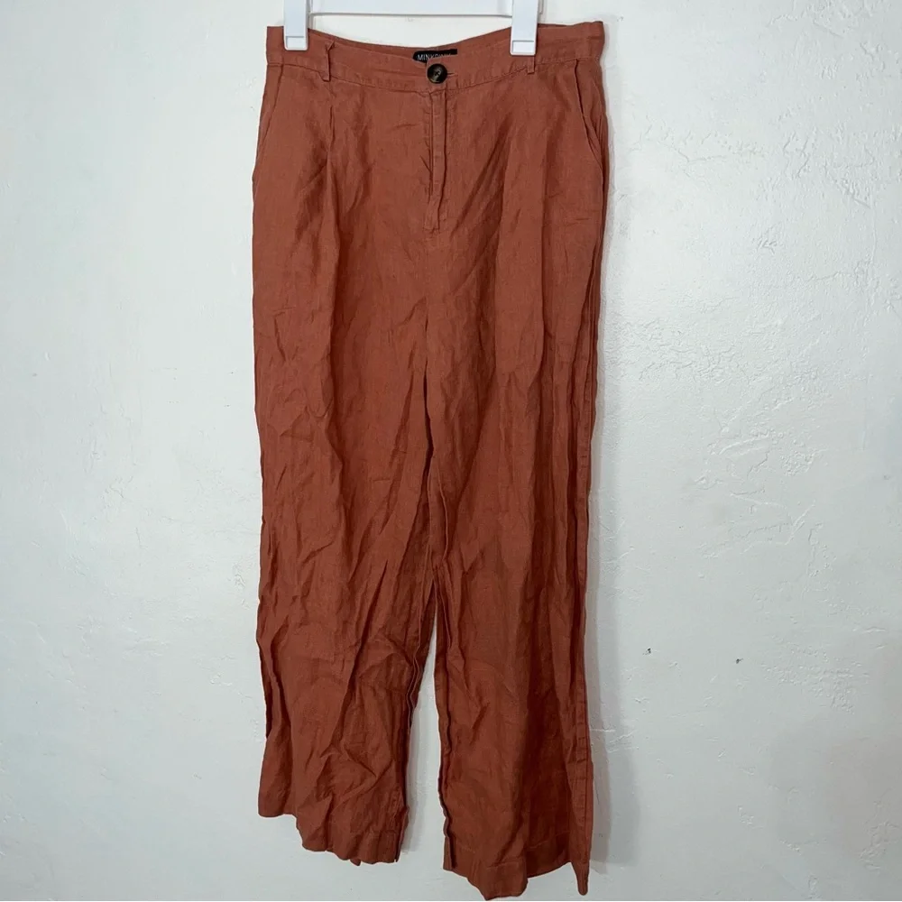 MinkPink 100% Linen Dylan Wide Leg Pants Pink High Ankle Crop Pleated 32 Waist